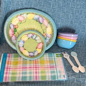 Easter Egg Paper Plates, 4 Colorful Melamine Bowls & 2 Ceramic Spoons New